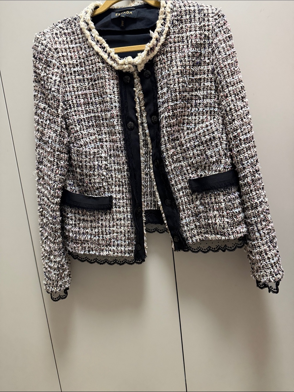 Escada Black, Cream & Pink Tweed Bouclé Jacket